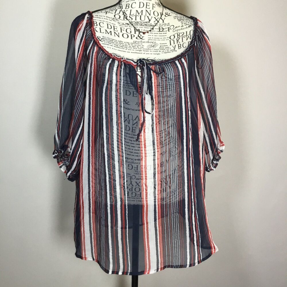 Sheer short sleeve blouse navy blue red light grey vertical stripes layering 1X